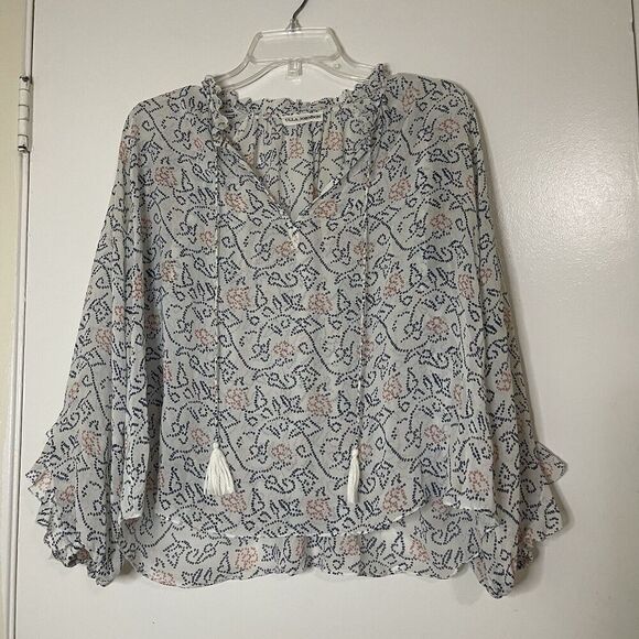 ULLA JOHNSON White Blue Silk Miren Tassel blouse top size 4 - Picture 2 of 7